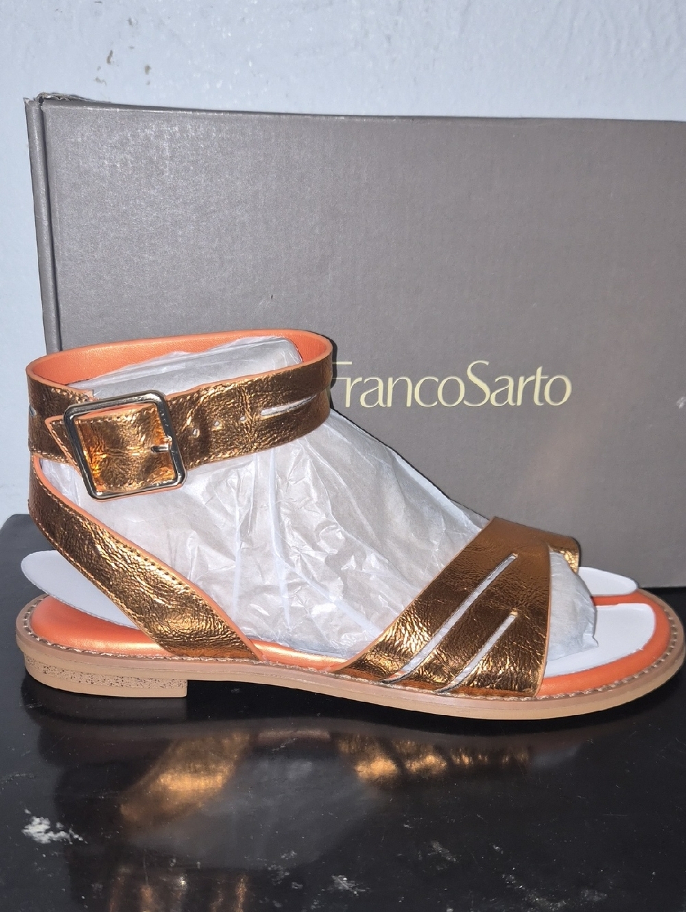 Franco Sarto Women's Metallic Bronze Strappy Ankle Buckle Sandal. Nwt. sz 6 1/2